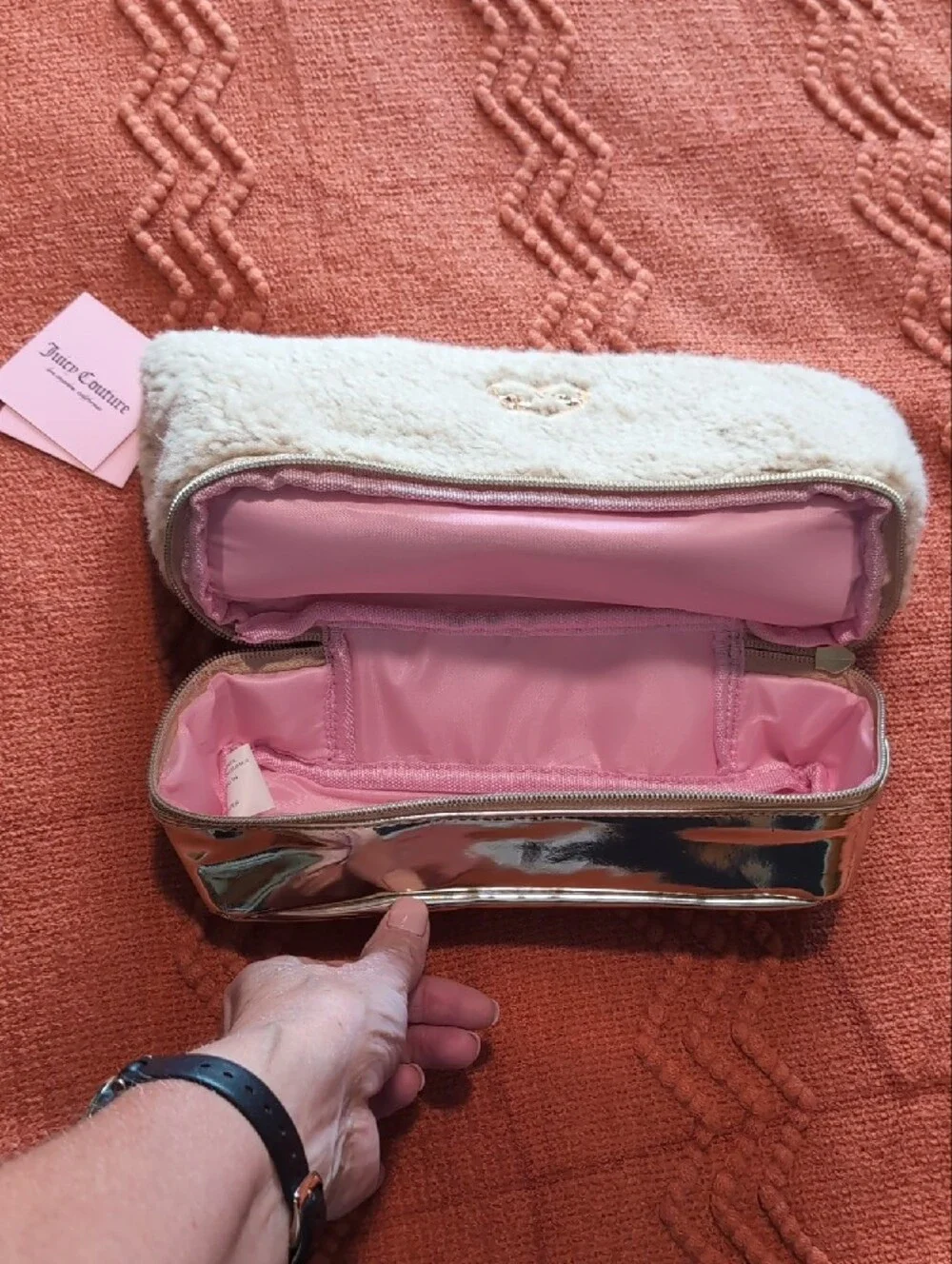 Juicy Couture Faux Fur & Metallic Cosmetic Pouch - Cream and Rose Gold